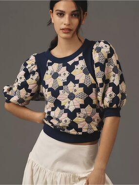 NWOT - Maeve Puff-Sleeve Quilted Patchwork Knit Top - Large